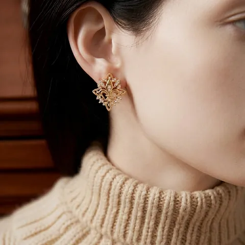 Pendientes De Botón Fleur-De-Lis Con Poste De Plata Cobre Circón Estilo Retro Vintage Elegante Para Mujer
