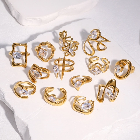 Irregular Flowing Ring Stainless Steel Gold Plated Inlaid Zirconia Adjustable Open Jewelry For Women