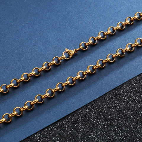 Rolo Chain Necklace Stainless Steel Polished Circular Link 18K Gold Plated Unisex Fashion Jewelry Accessory Hip Hop Style