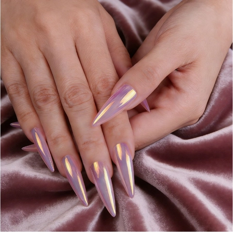Long Stiletto Press On Nägel Chrom Spiegel Aurora Metallic Finish Lila Rosa Künstliche Falsche Nägel Full Cover Damen