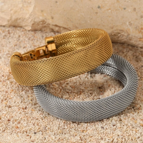 Bracelet Jonc À Mailles Larges En Acier Inoxydable Minimaliste Amovible Tissage Bijoux De Mode Pour Femmes Style Industriel