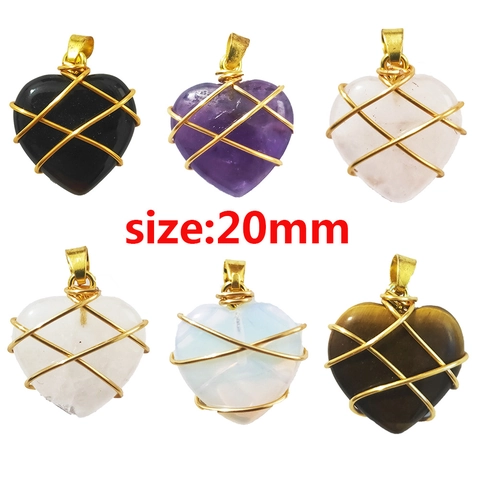 Heart Pendant Necklace Natural Stone Crystal Copper Wire Wrapped Jewelry Elegant Hand-Woven For Women