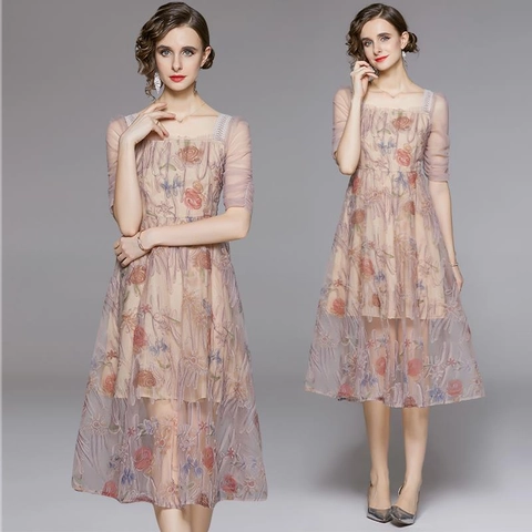 Abito Midi Elegante In Rete Da Donna Ricamo Floreale Scollo Quadrato Vita Alta Linea A Stile Vintage