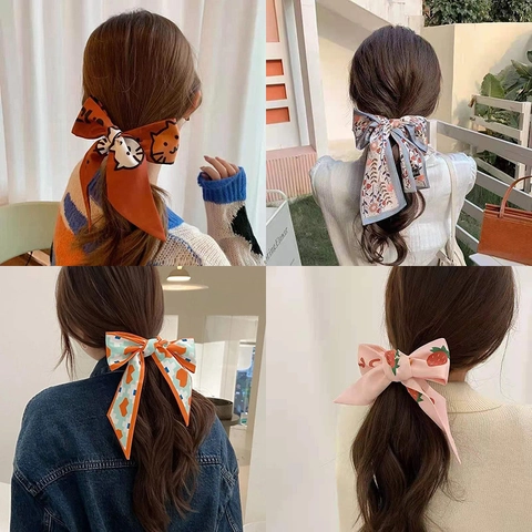 French Style Satin Hair Scarf Ribbon For Women Elegant Floral Polka Dot Headband Long Streamer Hair Tie