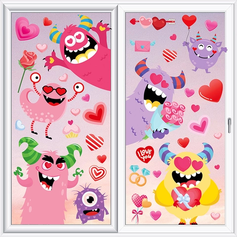 Valentine's Day Window Clings Static Stickers Heart Gnome Double Sided PVC Romantic Glass Decoration Home Shop Decor