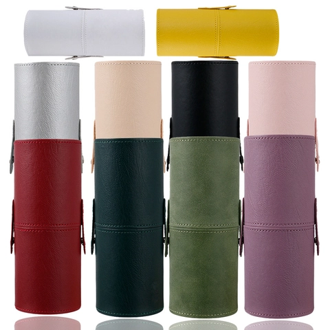 Cubo De Almacenamiento Para Brochas De Maquillaje Cuero PU Antipolvo Portátil Viaje Cilíndrico Cierre De Presión