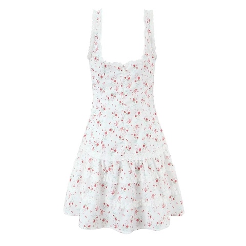 Florales Einfarbiges Minikleid Spitzenbesatz Camisole-Träger Gestufter Rüschenrock Herzausschnitt Polyester Sommer Ärmellos Lässig Damen
