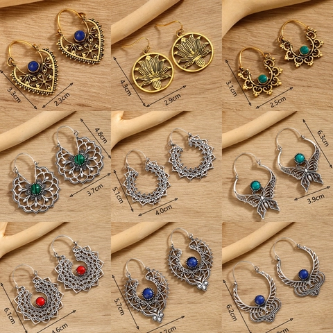 Bohemian Vintage Drop Earrings Alloy Hollow Filigree Geometric Mandala Butterfly Tree Of Life Ethnic Stone Inlay Jewelry
