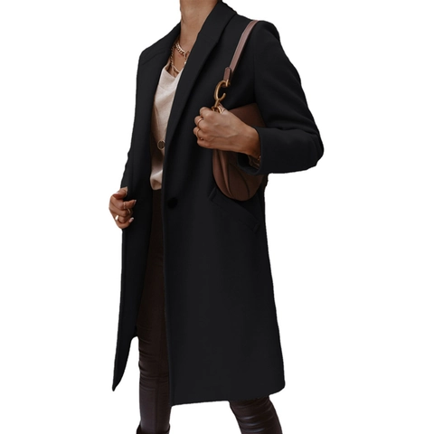 Women's Mid-length Woolen Coat Elegant Solid Color Lapel Single Breasted Overcoat British Style Commuter Long Sleeve Polyester Jacket