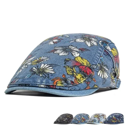 Floral Print Washed Denim Cotton Ivy Cap Adjustable Retro Ethnic Style Flat Cap Breathable Sun Protection For Women