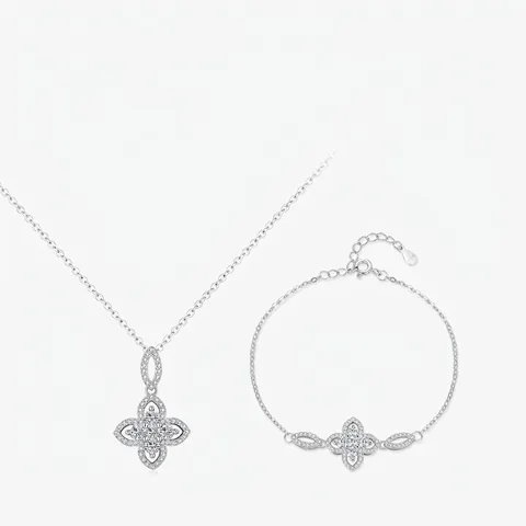 925 Sterling Silber Kleeblatt Blume Halskette Und Armband Schmuck Für Damen Französisch Retro Elegant Luxus Zirkonia