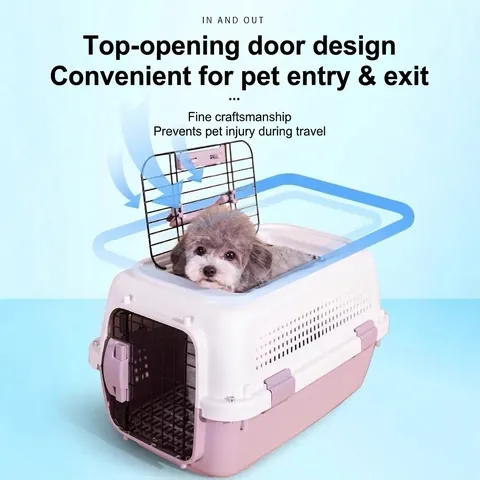 Portable Pet Carrier Aviation Box Breathable Travel Crate For Dogs Cats PP Plastic Metal Mesh Door With Feeding Bowl