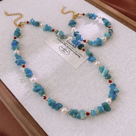 Collier Künstliche Perle Vintage Beaded Aigue-marine Cristal Pierre Concassée Bohème Bijoux Rétro Ras Du Cou Élégant Pour Femmes