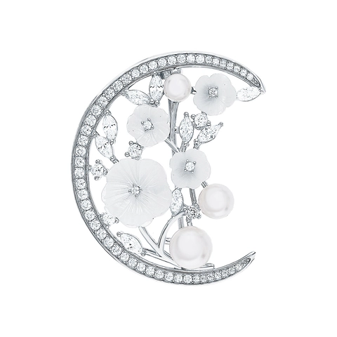 Elegante Broche de Flor de Plata de Ley 925 con Circonia y Perla Artificial para Mujer Lujo Luna Creciente Joyería