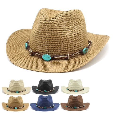 Westerse Cowboy Strohoed Boheems Brede Rand Zonbescherming Etnische Turquoise Kralen Zomer Strand Fedora Jazz Vrouwen Mannen