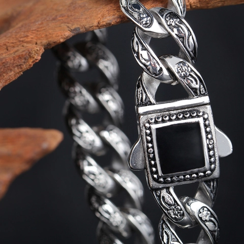 Men Retro Titanium Steel Bracelet With Black Square Inlay Floral Carving Curb Chain Hip Hop Punk Jewelry For Male