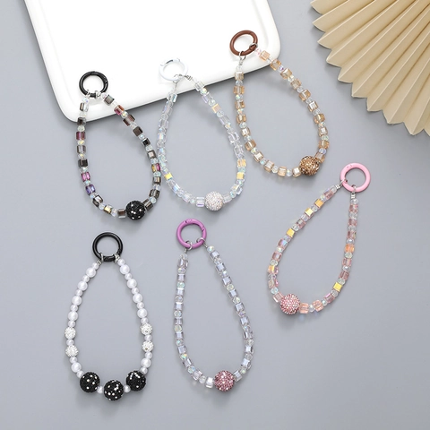 Handgefertigte Perlen Handy Kette Mit Strasskugel Quadratische Harzperlen Anti-Verlust Schlüsselanhänger Für Damen Tasche Schmuck