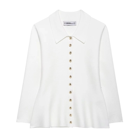Weiße Schößchen Strickjacke Für Damen Langarm Polo Kragen Goldene Knöpfe Rüschensaum Solid Schlanker Pullover Top