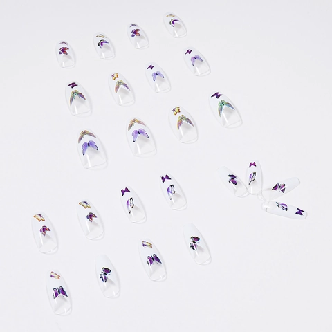 French Purple Butterfly Press On Nails Long Coffin Ballerina Fake Nails Gradient Pattern Full Cover For Women Girls