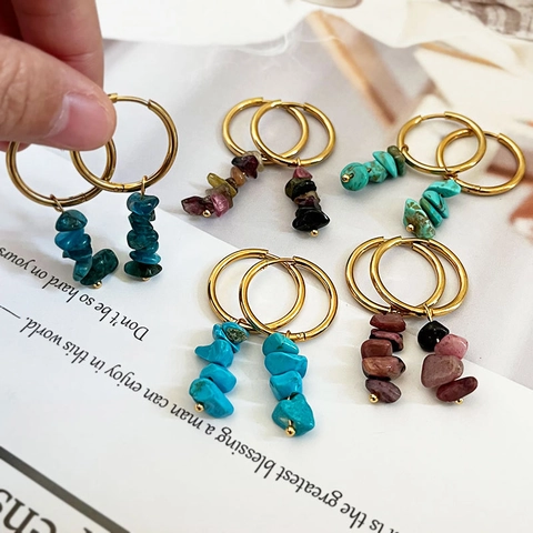 Orecchini a Cerchio in Acciaio Inossidabile con Perline in Pietra Naturale Fatti a Mano Gioielli Boho per Donne