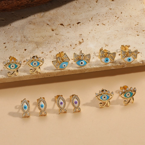 Franse Vintage Verguld Koper Boze Oog Oorknopjes Voor Vrouwen Prachtige Zirconia Emaille Strik Vis Horus Oog Sieraden