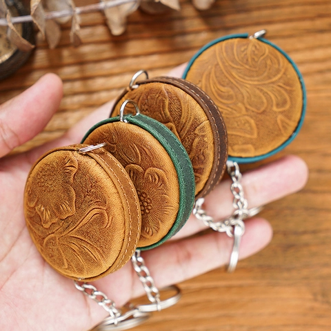 Handmade Crazy Horse Leather Mini Tape Measure Retro Top Layer Cowhide Portable Measuring Ruler Keychain Pendant For Daily Use