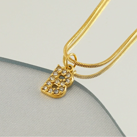 Initial Alphabet Pendant Necklace Stainless Steel 18K Gold Plated Cubic Zirconia French Snake Bone Chain Jewelry For Women