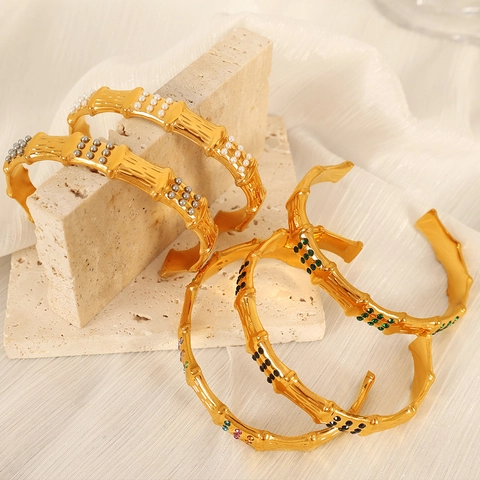 Stainless Steel Bamboo Joint Cuff Bracelet For Women Elegant Gold Plated C-Shaped Bangle With Rhinestone Artificial Pearl Inlay Jewelry
