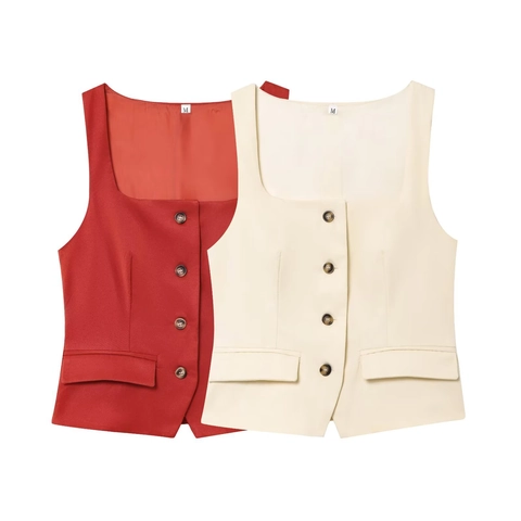 Women Square Neck Suit Vest Polyester Single Breasted Sleeveless Waistcoat With Button Pocket Decor Slim Elegant Top
