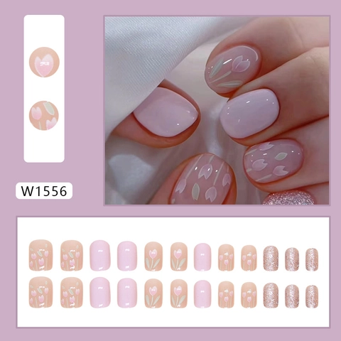 Violette Tulpen Press On Nägel ABS Kunststoff Kurz Rund Künstliche Nägel Mit Kleber Glitzer Floral Maniküre Damen
