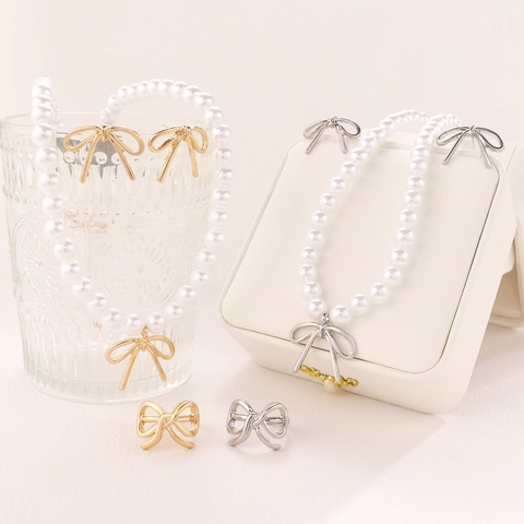 Elegant Bow Jewelry Set For Women Faux Pearl Necklace Bowknot Stud Earrings Adjustable Ring French Vintage Alloy Gold Silver Plated Jewelry