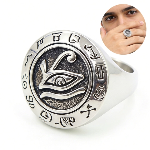 Anello Occhio Di Horus Acciaio Inossidabile Vintage Egiziano Etnico Tondo Bussola Sigillo Gioielli Per Uomini Donne