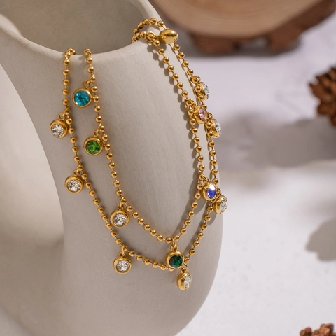 Double Layer Necklace Gold Plated Stainless Steel With Zircon Ball Chain Waterproof Hypoallergenic Elegant Jewelry For Women