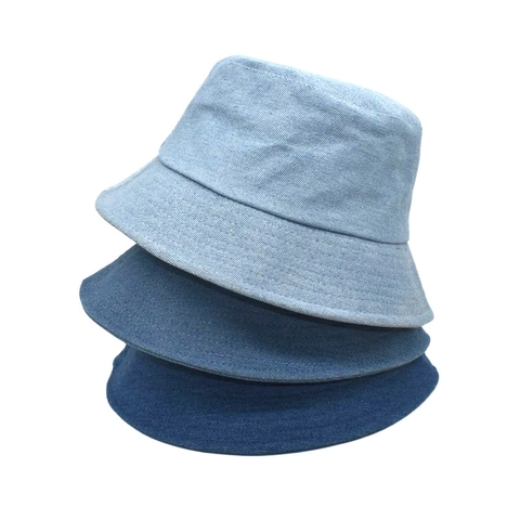 Women Denim Bucket Hat Cotton Solid Color Fisherman Cap Casual Retro Sun Protection Wide Brim