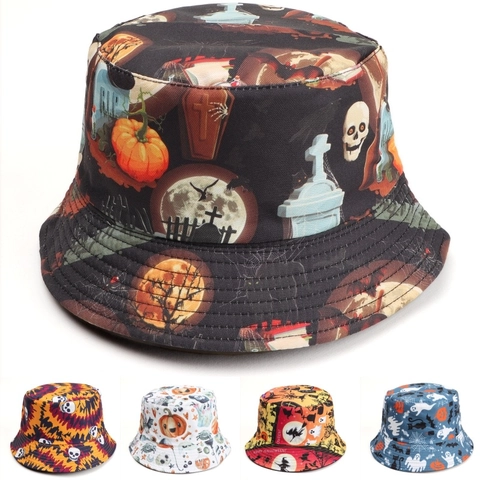 Halloween Bucket Hat Reversible Polyester Skull Pumpkin Print Hip Hop Fisherman Sun Hat For Unisex Costume Party