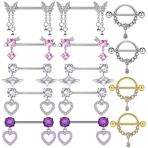 Stainless Steel Nipple Rings Heart Butterfly Wings Cubic Zirconia Barbell Body Piercing Jewelry For Women Fashionable