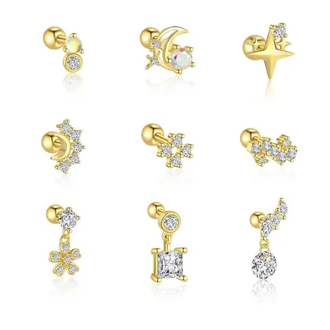 925 Sterling Silver Zirconia Stud Earrings Star Moon Flower Geometric Gold Plated Earrings For Women Fashion Jewelry Accessory