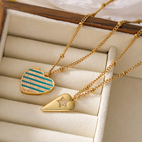 Collar Con Colgante De Corazón Cobre Chapado En Oro De 18K Circón Motivo De Estrella Esmalte Rayado Joyas De Moda Para Mujer