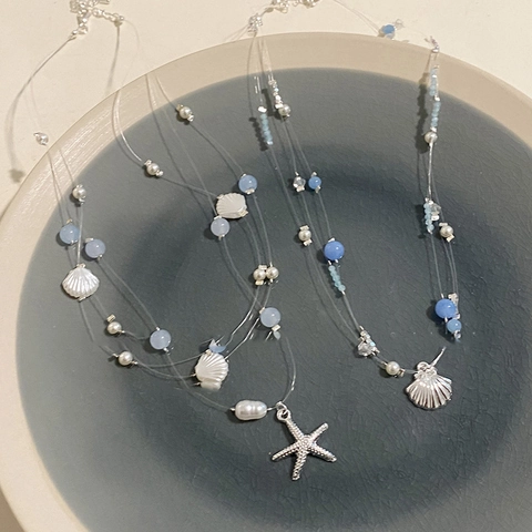 Collar Multicapa Océano Estrella De Mar Concha Aleación Imitación Perla Artificial Cuenta Resina Azul Estilo Vacaciones Playa Para Mujeres