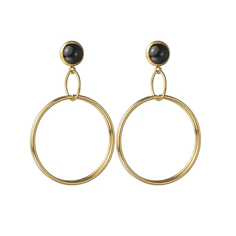 French Vintage Stainless Steel Hoop Earrings For Women Gold Plated Geometric Circular Black Stud Drop Earrings Minimalist Jewelry