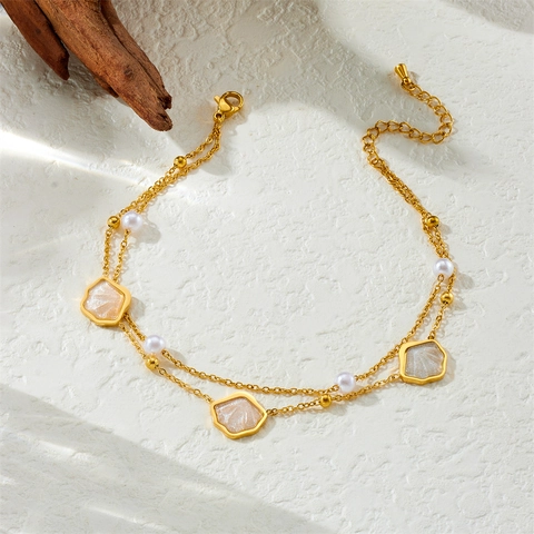 Double Layer Stainless Steel Anklet With Shell Artificial Pearl Butterfly Charms Summer Beach Jewelry For Women