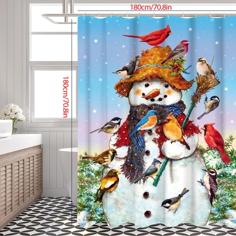 Weihnachten Schneemann Vögel Muster Wasserdicht Polyester Duschvorhang Mit Kunststoff Haken Für Winter Badezimmer Dekor