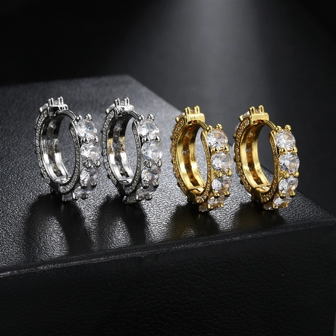 Orecchini A Cerchio Iced Out Rame Zircone Stile Hip Hop Geometrico Rotondo Croce Rivetto Con Silver Earring Post 925