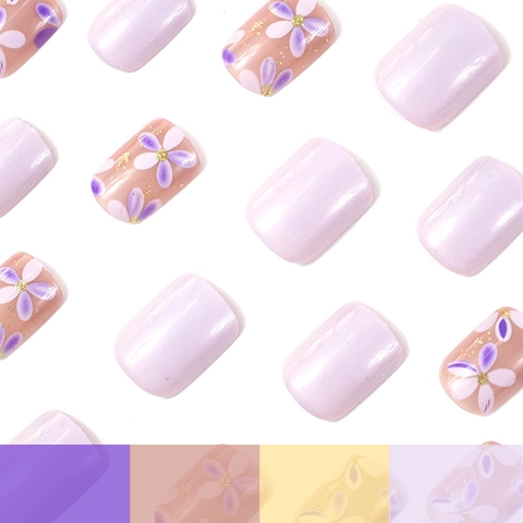 Short Square Press On Nails ABS Purple Floral Sweet Cute Style Artificial Fingernails For Women