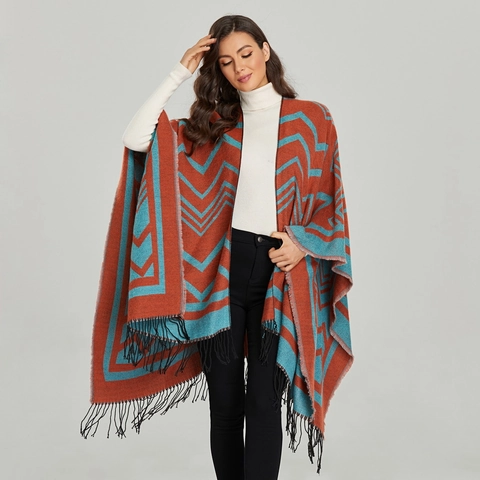 Women Retro Geometric Tassel Poncho Shawl Thick Warm Bohemian Knit Cape Wrap For Autumn Winter Ladies Outerwear