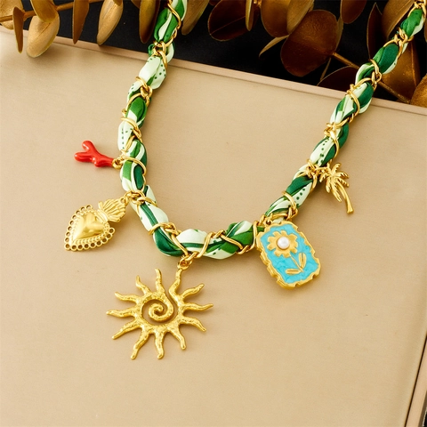 Stainless Steel Gold Plated Ribbon Woven Necklace Sun Heart Palm Tree Coral Charms Bohemian Summer Vacation Jewelry