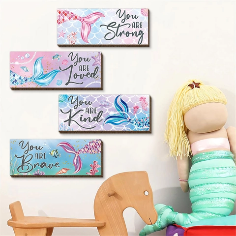 Meerjungfrau Schwanz Holz Wanddeko Inspirierende Zitate Aquarell Ozean Thema Kinderzimmer Mädchen Wandbilder