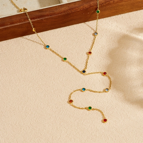 Collana A Forma Di Y Acciaio Inossidabile Placcato Oro Zirconia Rotonda Multicolore Catena Lunga Stile Bohémien Donna