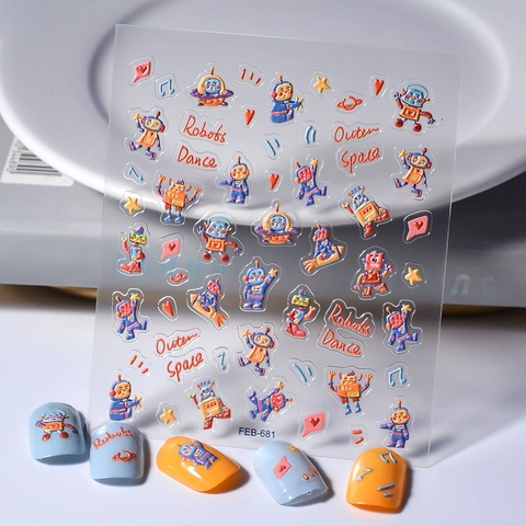 5D Embossed Nail Art Stickers Cartoon Robot Outer Space Design Adhesive Waterproof DIY Cute Manicure Decor For Women Kids