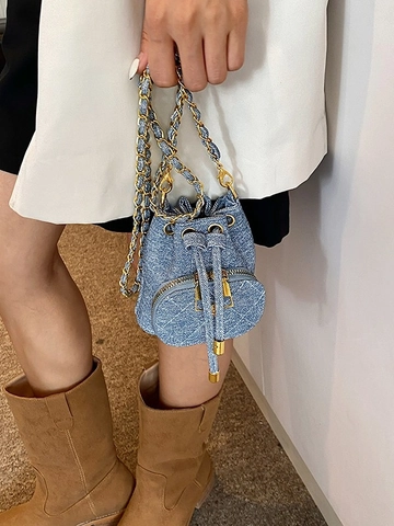 Mini Bucket Bag Quilted PU Leather Denim Woven Chain Strap Drawstring Camellia Flower Decor Shoulder Crossbody For Girls